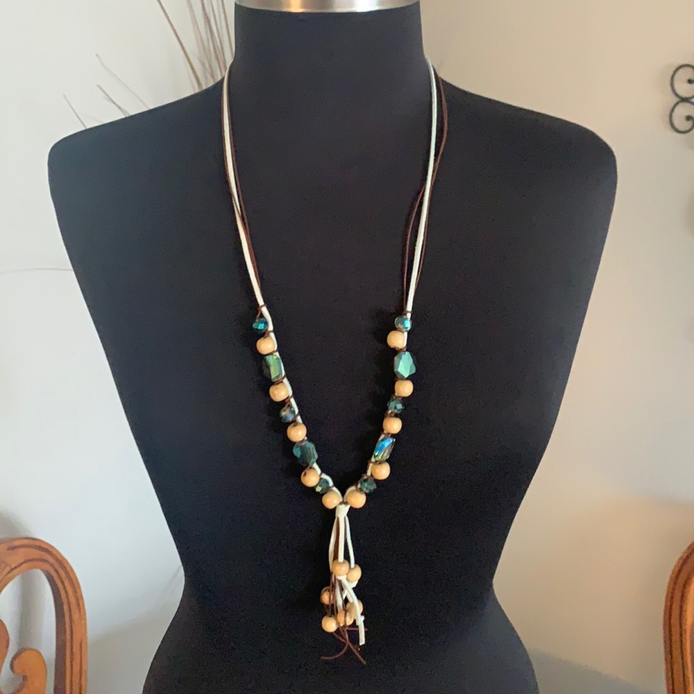 Necklace earrings set multi bead stones leather strands